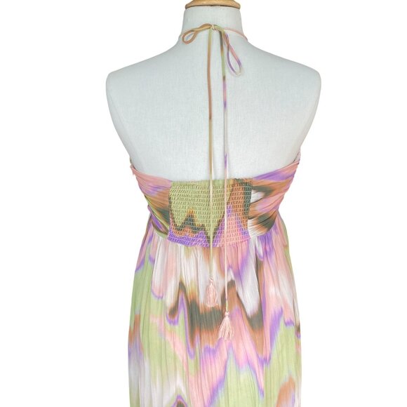 Steve Madden Nolita Halter Maxi Dress Sz L Tie Dye Watercolor Sheer Resortwear - Picture 10 of 16